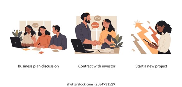 Business illustration set of a team discussing a business plan, an investor handshake sealing a contract, and a professional launching a new project. Represents collaboration, investment, and growth.