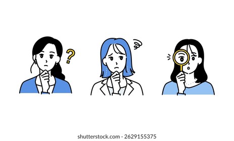 Ilustração de negócios conjunto A de três mulheres questionando, considerando e investigando.