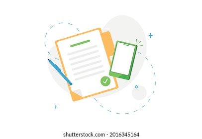 Business illustration with signed document or to-do list and phone. Flat design isolated on white background