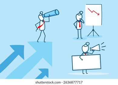 Business Illustration of Stick Figures Depicting Strategic Growth with Presentation and Communication in a Motivational Environment