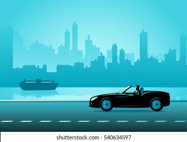 Business illustration of a successful businessman driving a convertible luxury car on city quay  