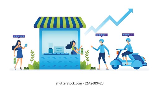 Business illustration of Support equitable economy local packaged drinks SMEs for real and give good rating on internet. Landing page, web, website, banner, ads, card, apps, brochure, flyer