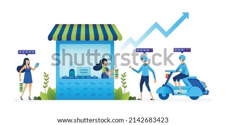 Business illustration of Support equitable economy local packaged drinks SMEs for real and give good rating on internet. Landing page, web, website, banner, ads, card, apps, brochure, flyer