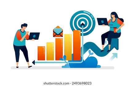 Business illustration of targeting achievements and goals with bar charts with arrows that hit the dart board. Can be used for web, websites, landing pages, apps, posters, flyers
