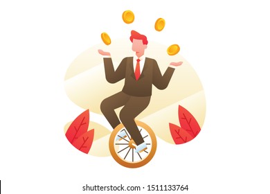 Business Illustration Vector. Businessman Ride On Unicycle Or One Wheel Circus Bike. A Man Juggling With Gold Money Coins. Finance Background Concept