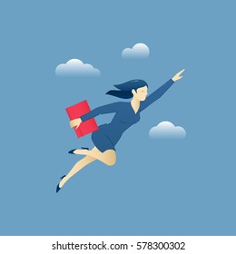 Business illustration of business woman character with briefcase fliying through the sky as superhero. Vector concept for banners, infographics or landing pages of website