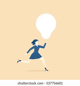 Business illustration of business woman character running with an idea light bulb. Business template with space for text