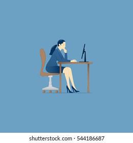 Business illustration of business woman character sitting in an office chair and working on computer. Vector concept for banners, infographics or landing pages of website