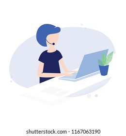 business illustration woman consultant with the laptop, work proccess