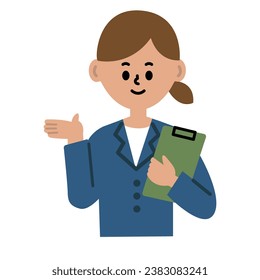 Business illustration of a woman in a suit standing with a clipboard upper body