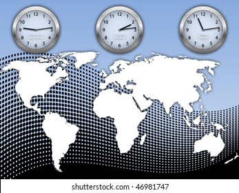 Business illustration with world map and three clock's on abstract halftone background