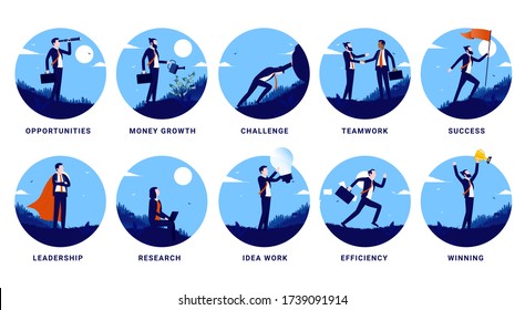 Business illustrations - 10 concepts of business people doing various tasks. Opportunities, growth, challenge, teamwork, success, leadership, research, efficiency and winning. Vector set.