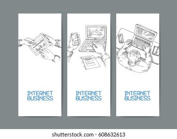 Business illustrations and banners, manager at work on computer, with phone, presentation on tablet, sketch