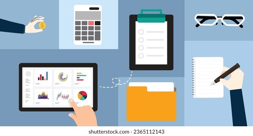 Ilustraciones empresariales. Concepto de análisis digital, gestión de negocios y banca.