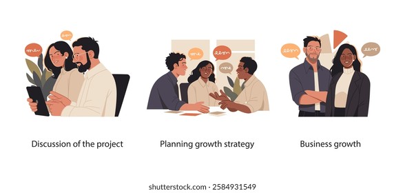Business illustrations featuring professionals engaged in project discussions, strategic planning, and business growth. Ideal for concepts related to teamwork, leadership, and corporate success.