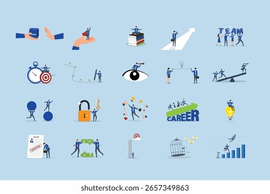 Business illustrations set. Collection of scenes with men and women taking part in business activities.