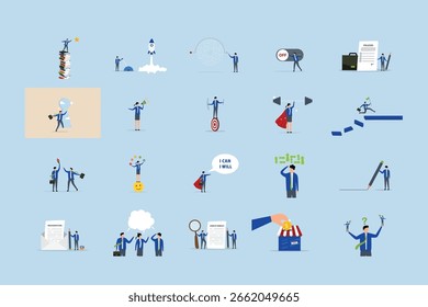 Conjunto de ilustrações comerciais. Coleção de cenas com homens e mulheres que participam em atividades de negócios.