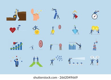 Conjunto de ilustraciones de negocios. Colección de escenas con hombres y mujeres participando en actividades empresariales.