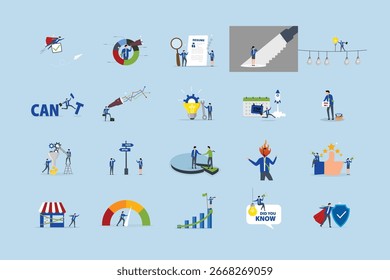 Conjunto de ilustraciones de negocios. Colección de escenas con hombres y mujeres participando en actividades empresariales.
