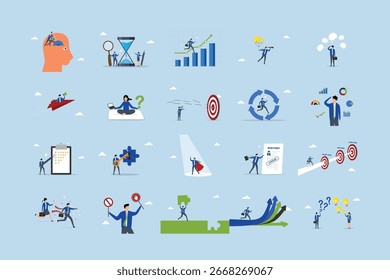 Business illustrations set. Collection of scenes with men and women taking part in business activities.