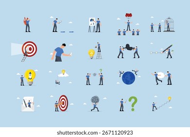 Conjunto de ilustrações comerciais. Coleção de cenas com homens e mulheres que participam em atividades de negócios.