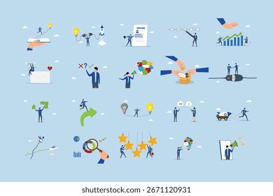 Business illustrations set. Collection of scenes with men and women taking part in business activities.