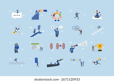 Conjunto de ilustrações comerciais. Coleção de cenas com homens e mulheres que participam em atividades de negócios.