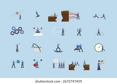 Business illustrations set. Collection of scenes with men and women taking part in business activities.