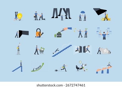 Business illustrations set. Collection of scenes with men and women taking part in business activities.