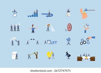 Conjunto de ilustraciones de negocios. Colección de escenas con hombres y mujeres participando en actividades empresariales.