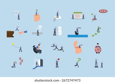 Conjunto de ilustraciones de negocios. Colección de escenas con hombres y mujeres participando en actividades empresariales.