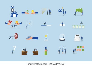 Business illustrations set. Compilation of clips featuring men and women engaged in business activities 