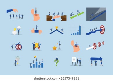 Business illustrations set. Compilation of visuals featuring men and women engaged in professional endeavors 