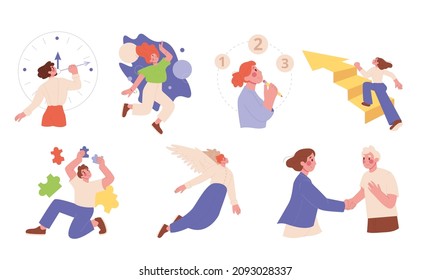 Conjunto de ilustraciones empresariales. Gestión del tiempo, crecimiento personal, crecimiento de la carrera, estrategia, racionalidad, intuición, pensamiento creativo, inspiración, gente dándole la mano. Ilustraciones de vectores planos de color.