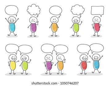 Business image concept - funny stickmen with speech bubbles and different facial expressions. Vector.