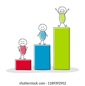 Business image concept with hand drawn stickmen, column graph and icons. Vector.