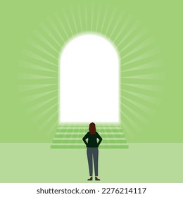 Business image, illustration of an Asian woman behind the door and 8th life, future, career advancement, career path