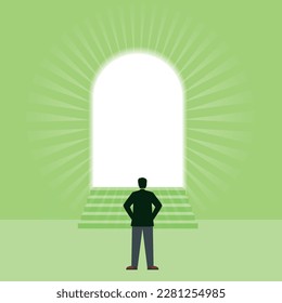 Business image, illustration of a Caucasian woman behind the door and 8th life, future, career advancement, career path