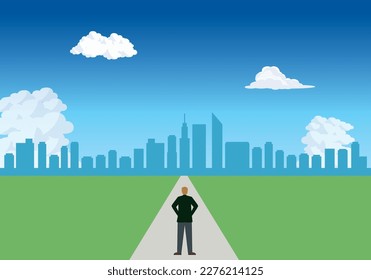 business image. An illustration of a straight road and an 8 life-size Caucasian man. Life planning, future career advancement. course