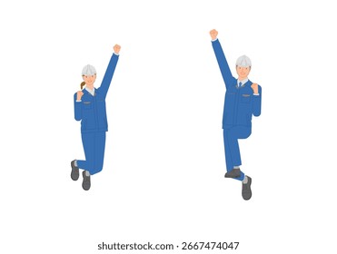 Business image: A set of smiling young men and women wearing helmets and work clothes jumping in a fist pump
