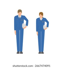 Imagem de negócio: Conjunto de homens e mulheres jovens em roupas de trabalho segurando capacetes e curvando-se