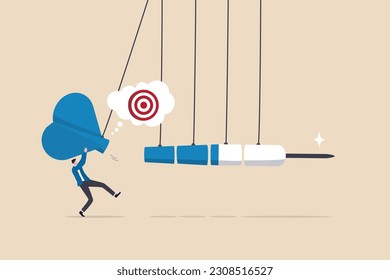 Business impact or momentum, influence or motivation to reach target, effort or inspiration to success, workflow or progress, energy or force concept, businessman push dart pendulum to reach target.