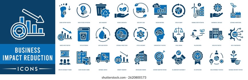 Ícone de redução de impacto nos negócios. Redução da pegada de carbono, otimização da eficiência energética, gestão de resíduos, conservação de recursos, cadeia de abastecimento ecológica, monitorização das emissões e economia circular