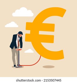 The business improve and growth concept. Businessman is inflating the euro balloon. Business strategy, investment, wealth, management, marketing flat vector illustration.