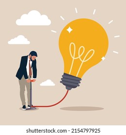 The business improve and growth concept. businessman pumps up a balloon of a light bulb sign. Business strategy, idea, investment, wealth, management, marketing flat vector illustration. - Shutterstock ID 2154797925