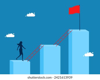 Business improvement. Businesswoman climbs the stairs one step at a time on a bar graph 