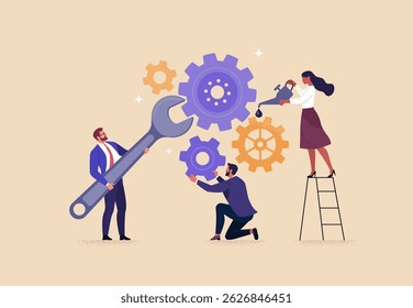 Business Improvement concept. Contemporary flat style abstract vector illustration a group of diverse people with tools troubleshooting a gear-shaped mechanism. Isolated on background