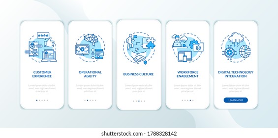 Business improvement onboarding mobile app page screen with concepts. Digital transformation walkthrough 5 steps graphic instructions. UI vector template with RGB color illustrations