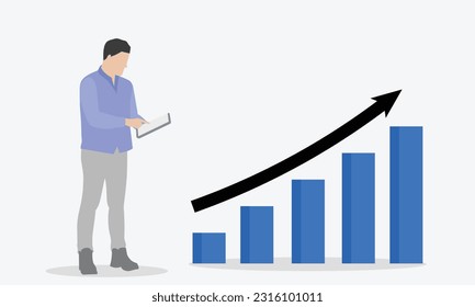 Business improvement and person auditing business improvement with person checking business data notepad in hand rising business data graph. Taking note of products and tab in hand for data analysis