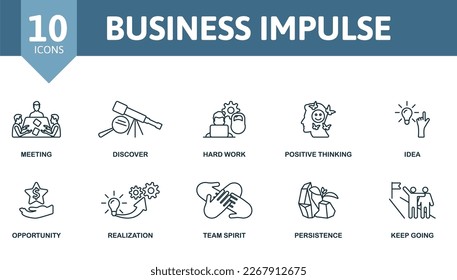 Business Impulse icon set. Monochrome simple Business Impulse icon collection. Meeting, Discover, Hard Work, Positive Thinking, Idea, Opportunity, Realization, Team Spirit, Persistence, Keep Going